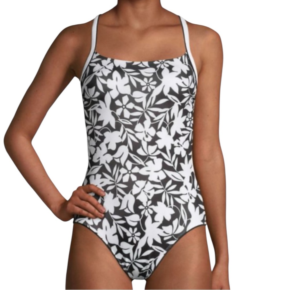 Lands End Floral One Piece Swimsuit 14 Black White Havana Built In Bra Modest